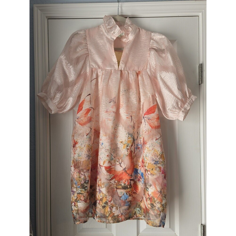 Jade Melody Tam Butterfly Garden XS Pink Puff Sleeve Artsy Pockets Mini Dress